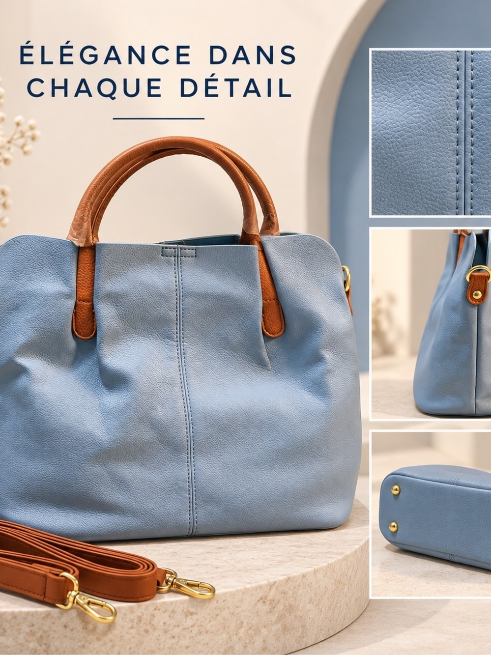 Élégance Light Blue Satchel with Tan Handles